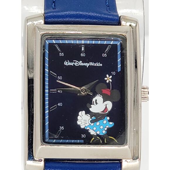 Vintage Disney Minnie Mouse Rectangular Wristwatch with Blue Leather Strap main image 5